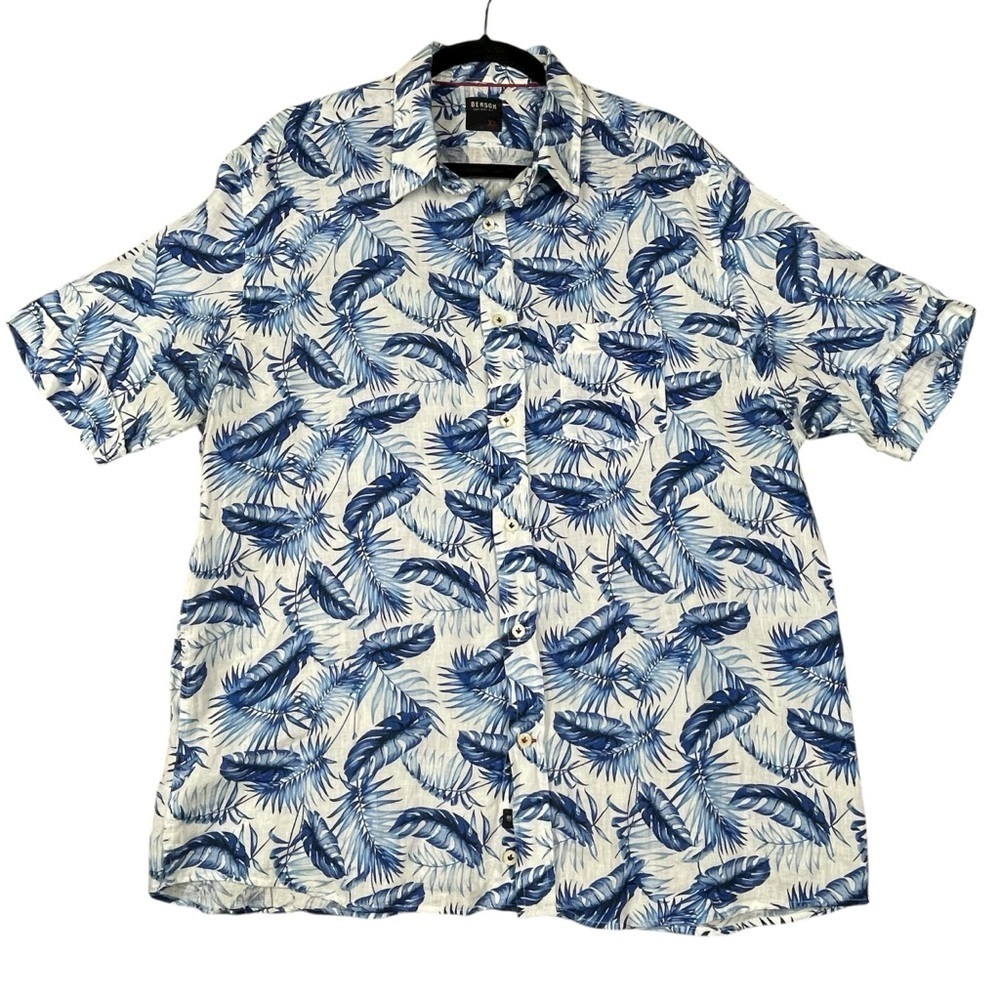Benson Linen Blue Palm Leaf Print Button Up Casual Vacation Preppy Shirt - Sz XL